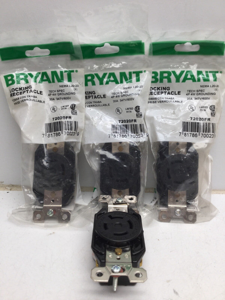 Bryant 72020FR L20-20 Locking Receptacle Outlet 20A 347/600V 3ØY (4 Pack)