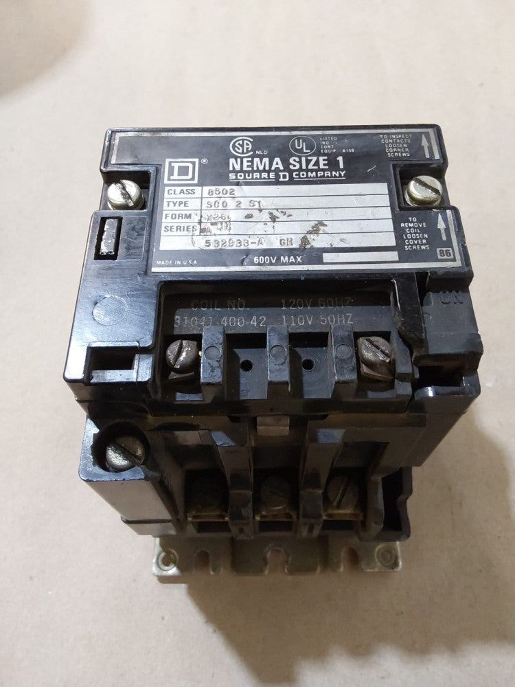 SQUARE D,Class 8502, TYPE SCO 2 S1, SERIES A CONTACTOR SIZE 1 600V 3-P ...