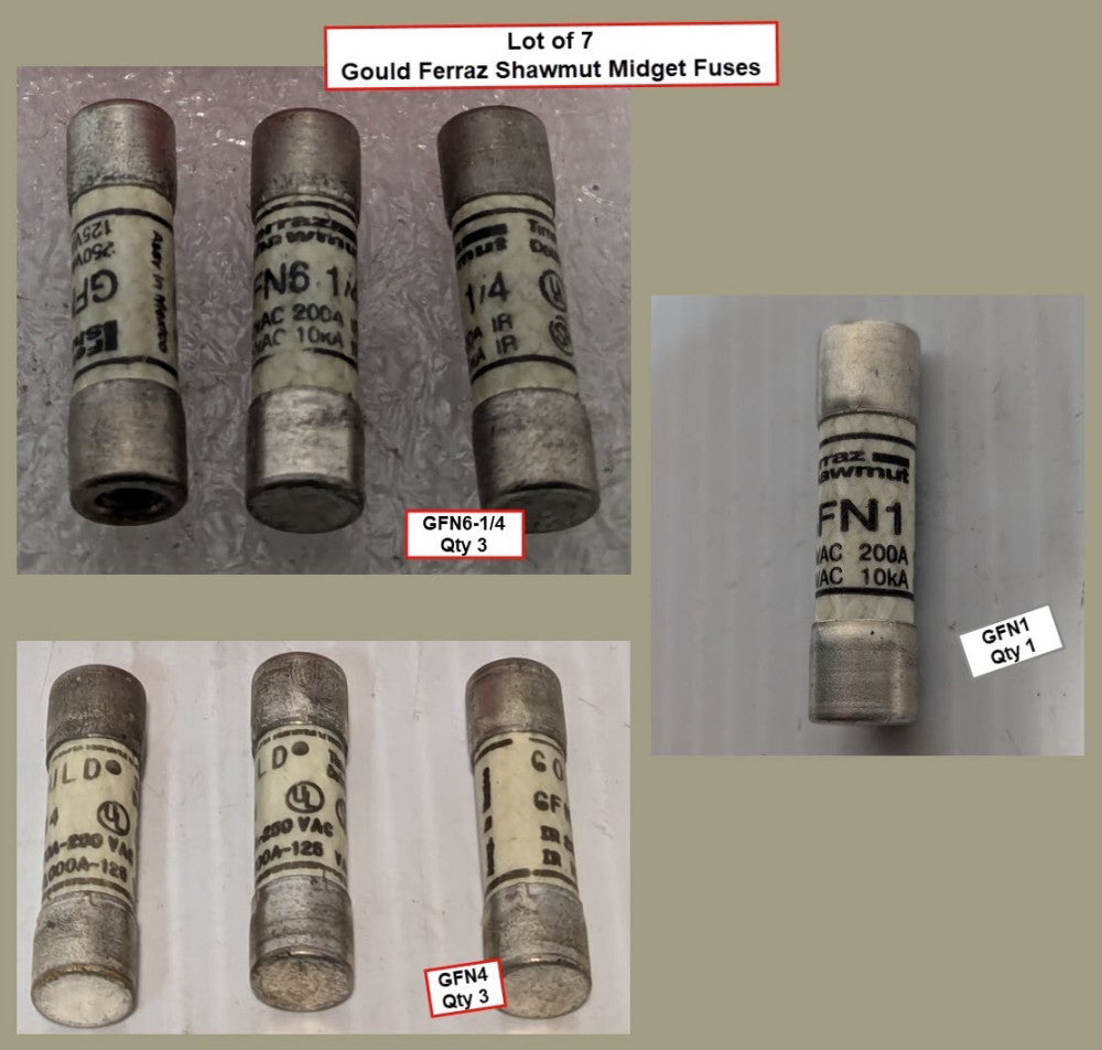 Lot of 7 Gould Ferraz Shawmut Time Delay Midget Fuses, GFN1, GFN4, GFN6-1/4