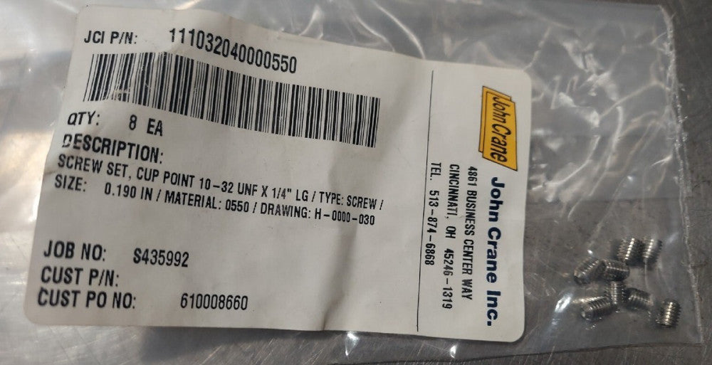 Lot Of 8 - John Crane 1110-3204-000-0550 Set Screw, Cup Point 10/32 X 1/4"  
