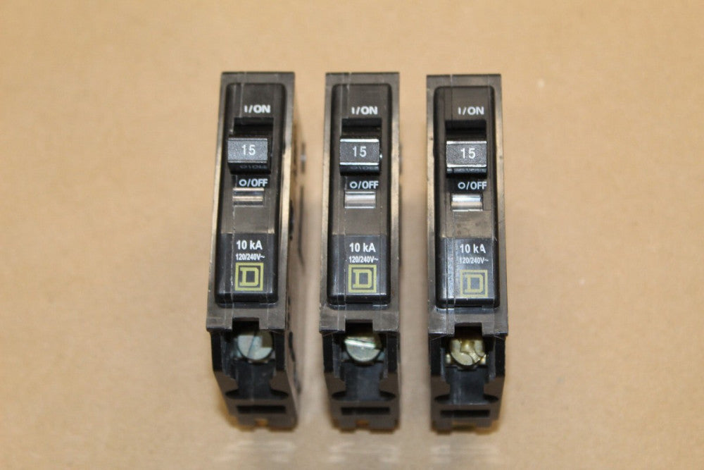 Lot of 3 Square D QO115 Single Pole 15 Amp Circuit Breakers