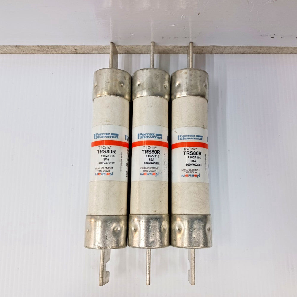 LOT OF 3) FERRAZ SHAWMUT 80 AMP DUAL-ELEMENT TIME-DELAY FUSE 600 VAC/VDC TRS80R