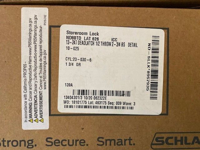 Schlage ND80TD LAT 626 Storeroom Lock Deadlatch 1/2 Throw 2-3/4 BS No Change Key