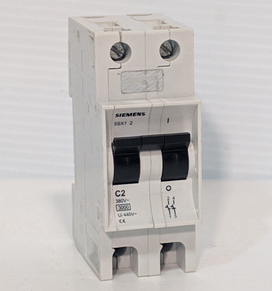 Siemens 5SX1 2 2-Pole Miniature Circuit Breaker, C2, 380 VAC, 3000 Amp Max