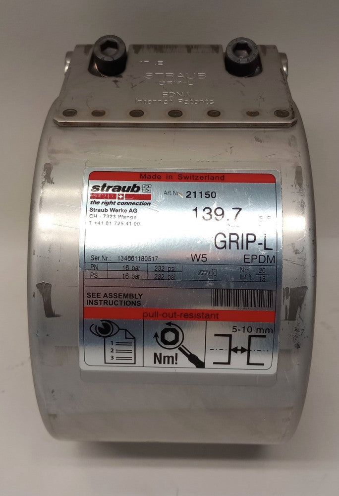 Straub 21150 GRIP-L Axial Restraint Pipe Coupling 5.5"/ 139.7 mm W5 EPDM 316SS