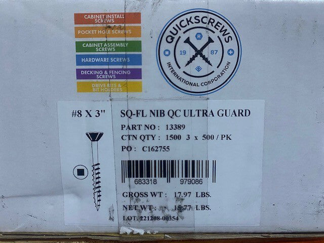 (Case of 1,500) Quickscrews 13389 #8 x 3in Flat Head Square Drive Decking Screws