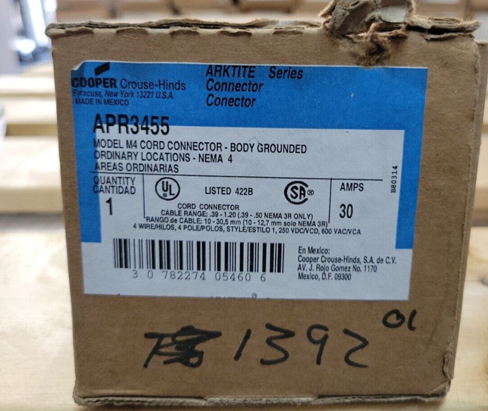 1 *NEW* Crouse Hinds APR3455 Model M4 Cord Connector 30 Amp 4 Pole + Warranty