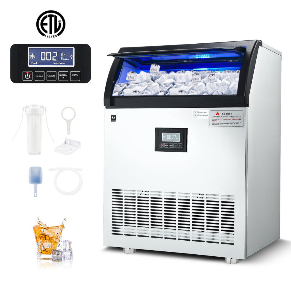 Commercial Ice Cube Maker, 198LBs/24H, 90PCS Tray, 55LBs Storage, ETL Cert.