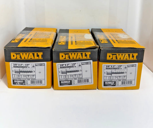 (Lot of 3) 20pc DeWalt Hangermate+ 3/8" x 2" - 1/2" PFM2211280 Concrete Anchor
