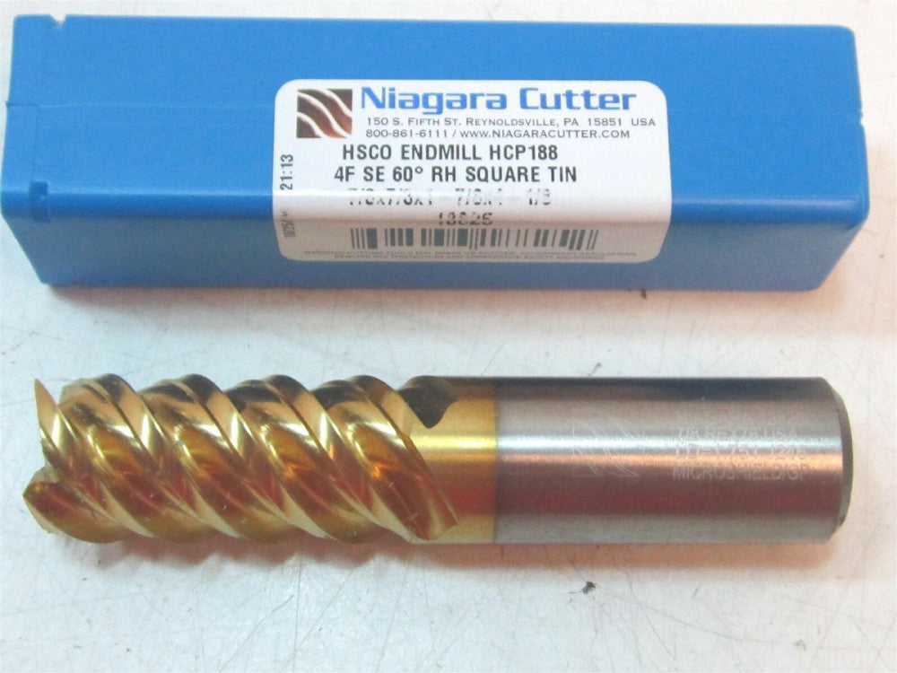 Niagara (18825) 7/8" HSCO TiN 4F 60° RH Square End Mill 