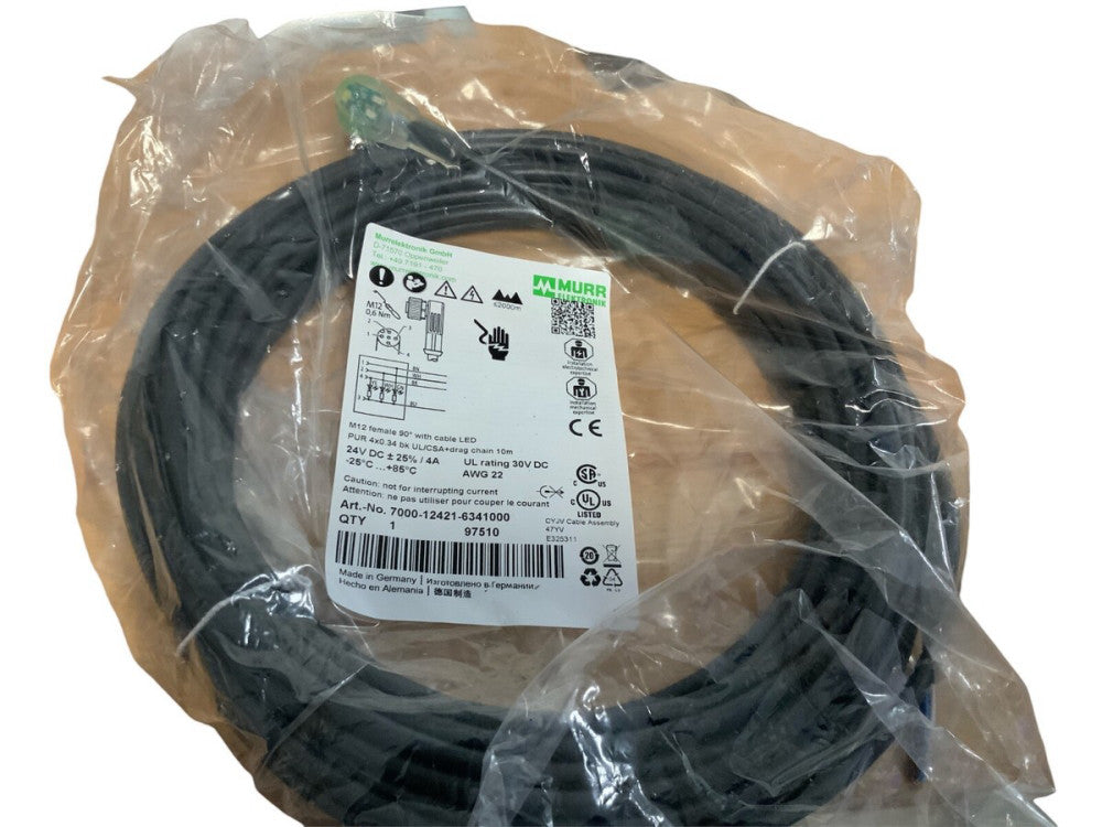 Murr Elektronik 7000-12421-6341000 M12 4-Pin Right-Angle Cable, 10m, IP67