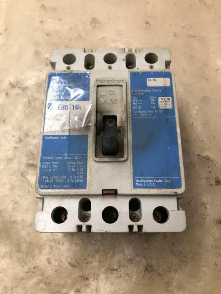 Westinghouse EHD3100L 100 A  Circuit Breaker 3 Pole Molded Case 480VAC