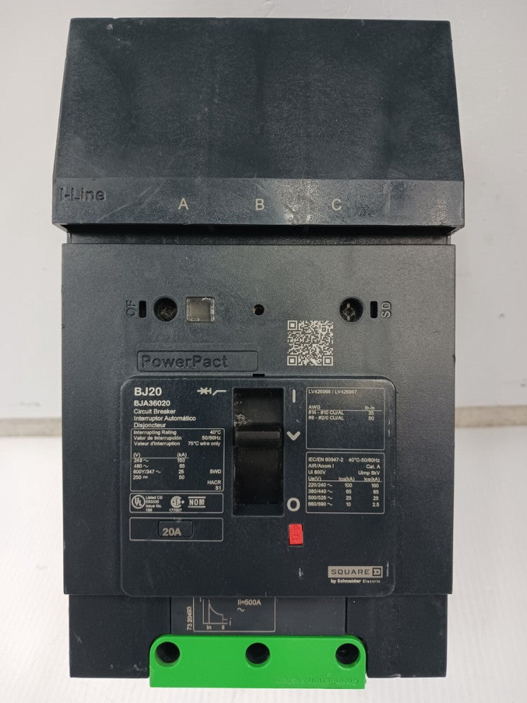 Square D PowerPact 20 Amp I-Line Circuit Breaker 3P 600Y/347 VAC 65kA BJA36020