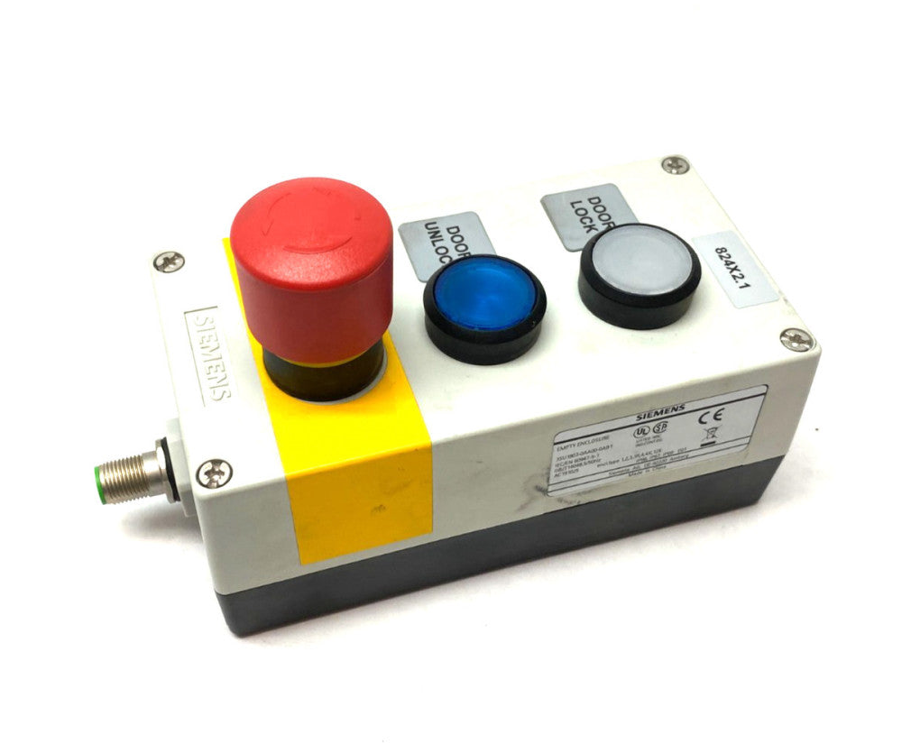 Siemens 3SU1803-0AA00-0AB1 Enclosure w/ E-Stop, Blue, White Illuminated Buttons