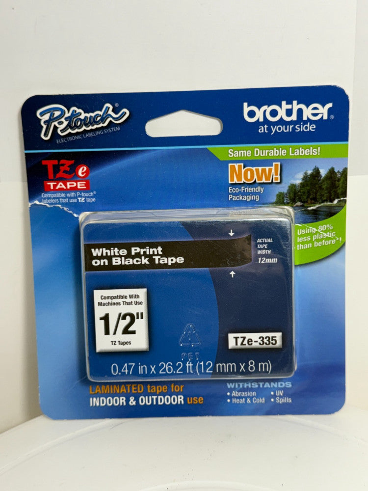 Brother P-Touch Labeler TZe Tape TZe-335 White Print on Black Tape 1/2" 12mm