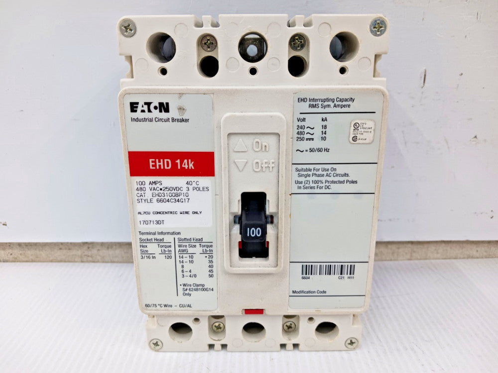 Eaton 100 Amp Industrial Circuit Breaker 3 Pole 480 VAC / 250 VDC EHD3100BP10