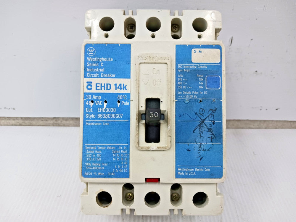Westinghouse 30 Amp Circuit Breaker 3 Pole 480 VAC / 250 VDC 14kA EHD3030