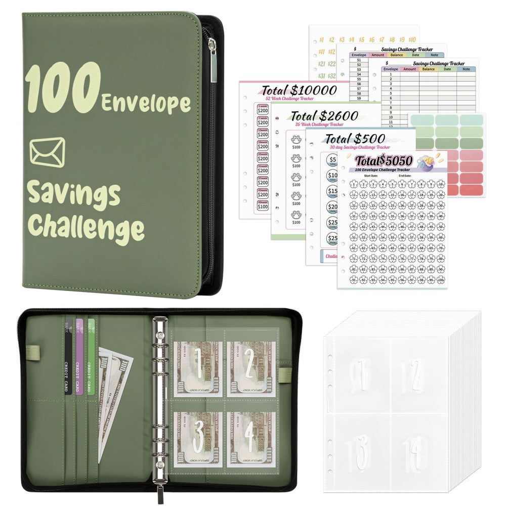 100 Envelopes Money Saving Challenge Book Zipper Closure Leather 52 Weeks Sav...