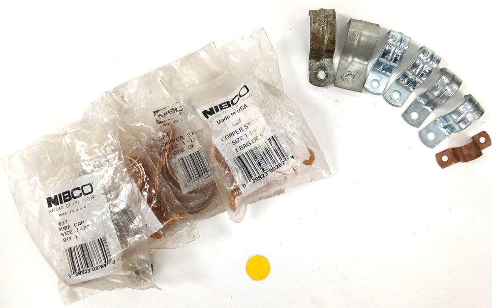 COPPER TUBE STRAPS SIZES 1-1/4, 1, AND 1-1/2 NIBCO 624 (LOT OF 3 BAGS OF 5)