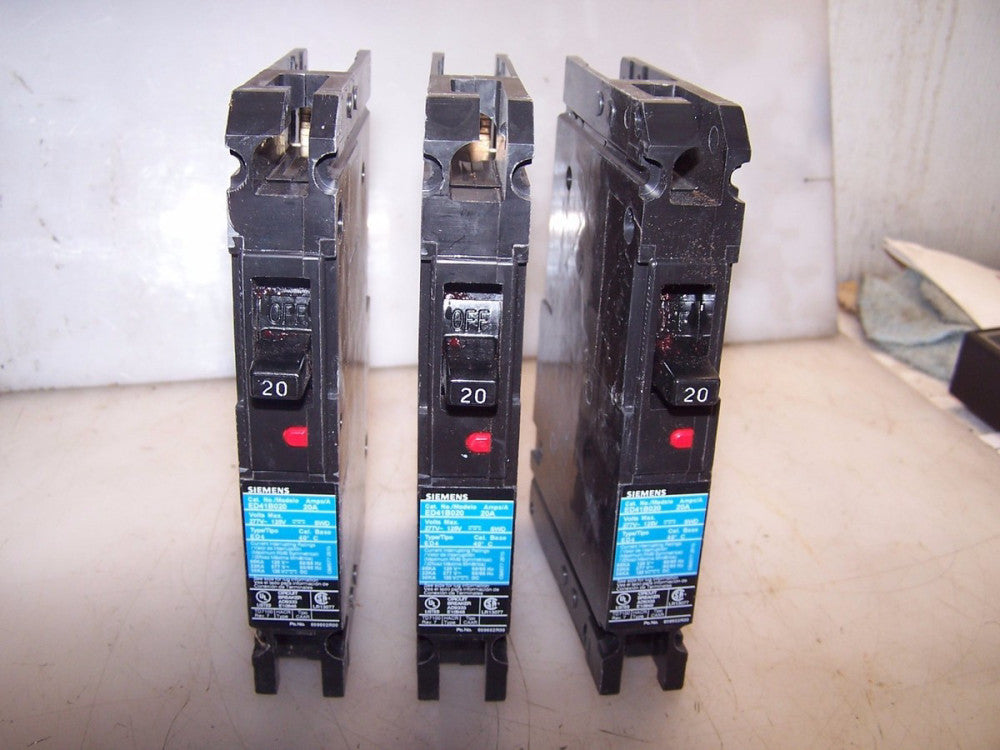 3) SIEMENS 20 AMP CIRCUIT BREAKER 277 VAC 1 POLE ED41B020 LOT OF 3