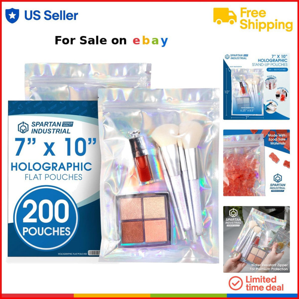 Holographic Plastic Bags 7x10 Inch Resealable Food and Cosmetic Packaging