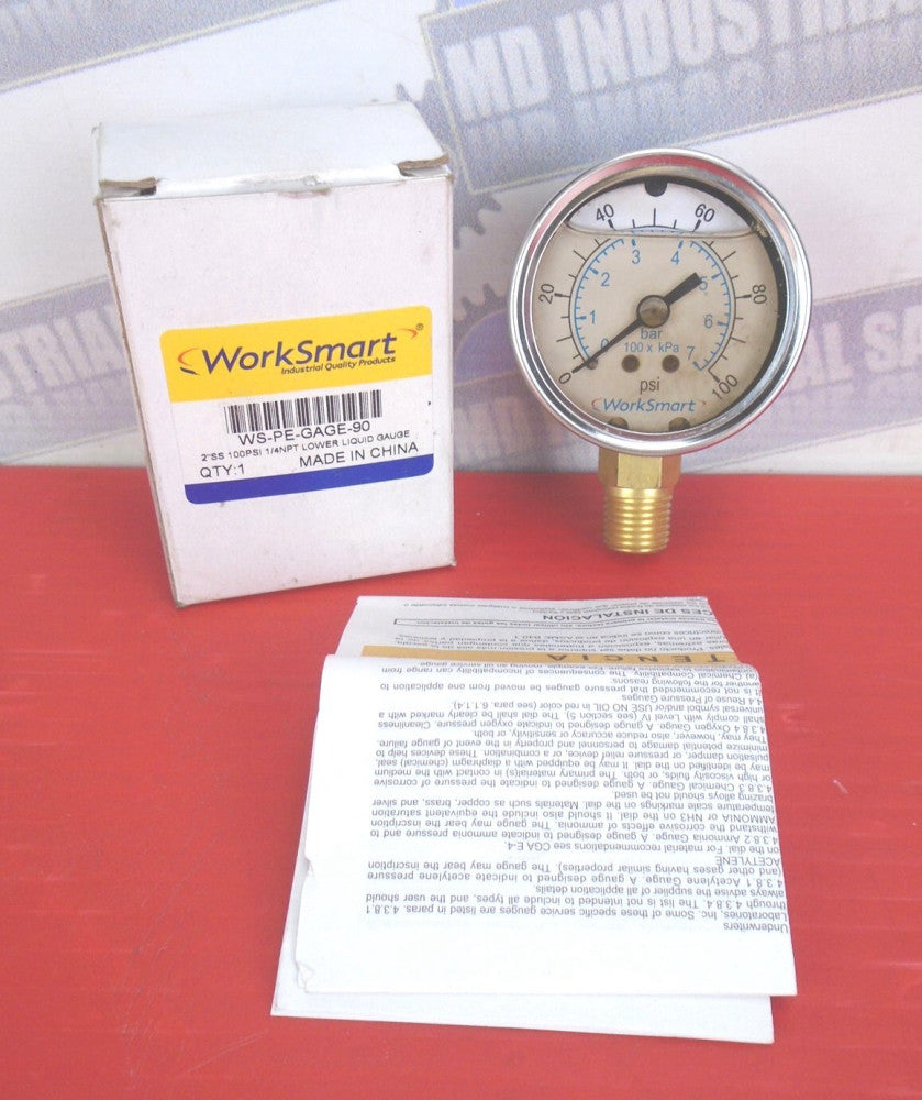 WORKSMART - WS-PE-GAGE-90 2", S.S. - 100PSI -1/4" NPT Lower Liquid Gauge (NEW)