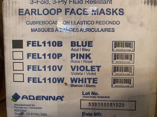(Box of 400) ADENNA BLUE UNIVERSAL FLAT FOLD SURGICAL MASK FEL110B, 3-Fold 3-Ply