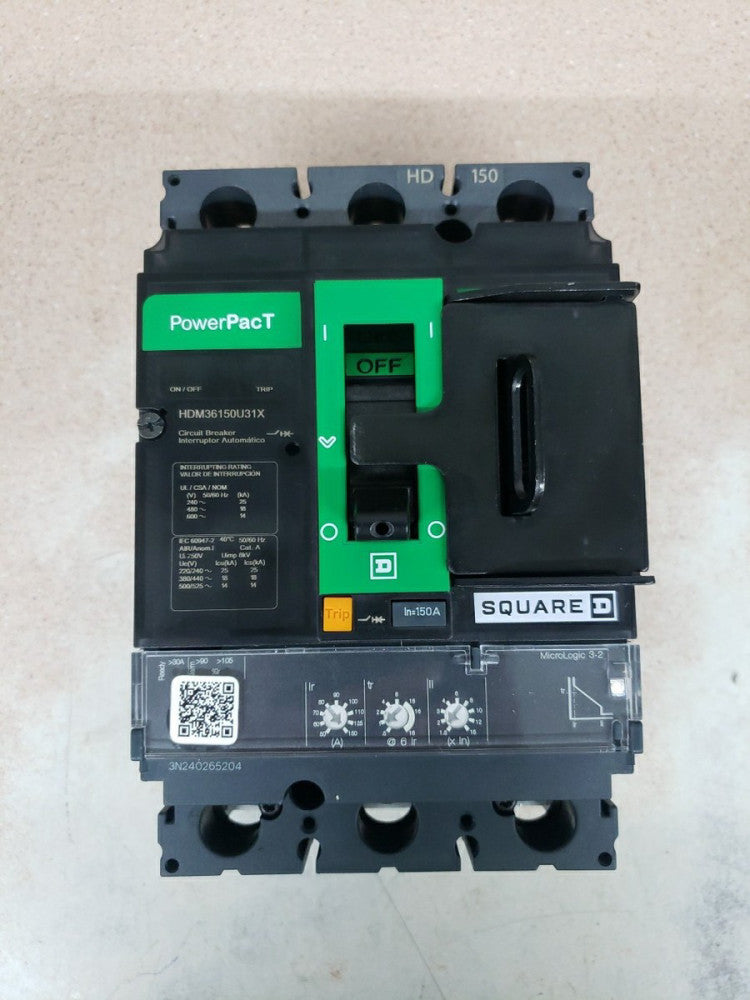 New Take Out Square D HDM HDM36150U31X 3P 150 Amp 600v PowerPact Circuit Breaker