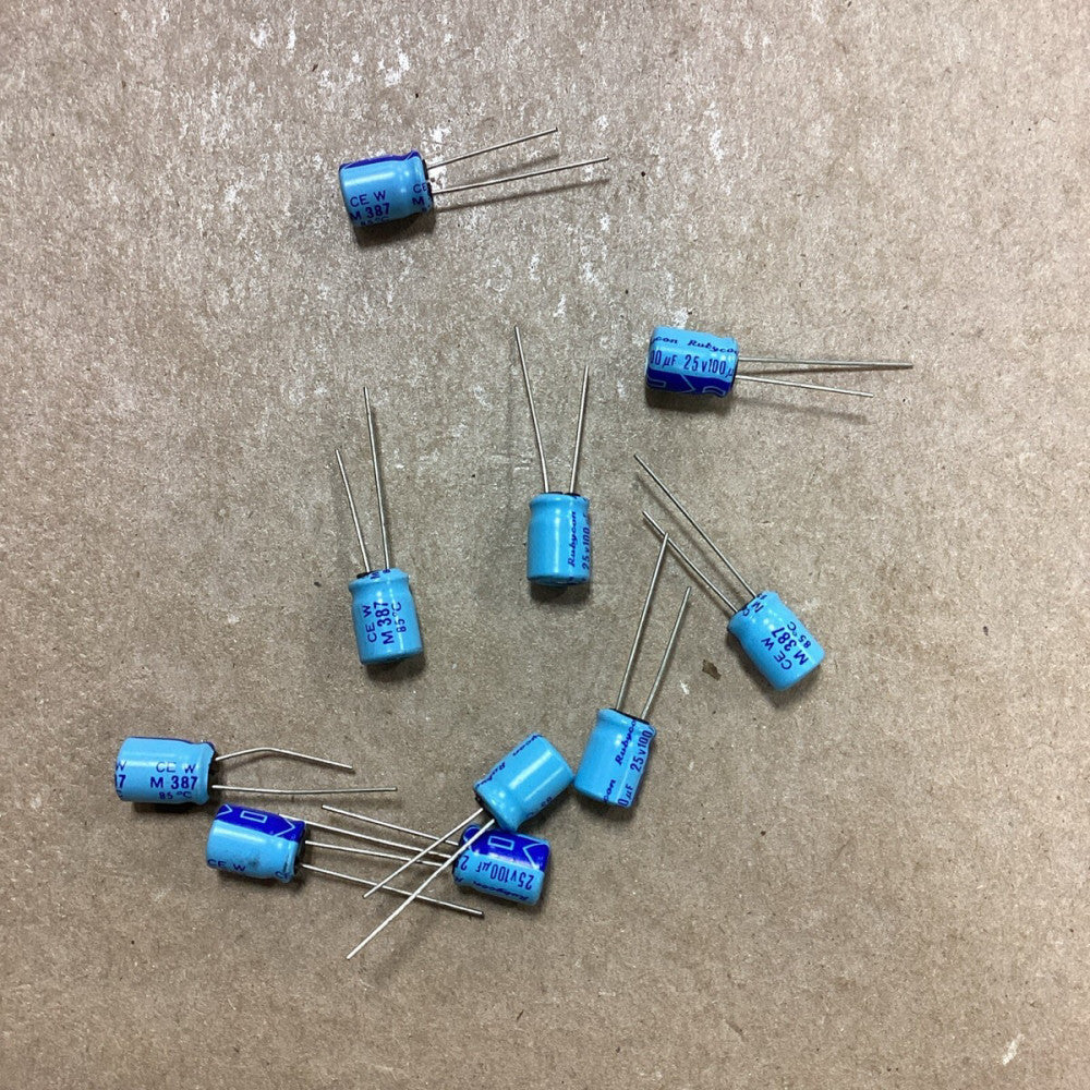 100uF 25V 85C Electrolytic Capacitor Rubycon Radial Lot Of 10 C8
