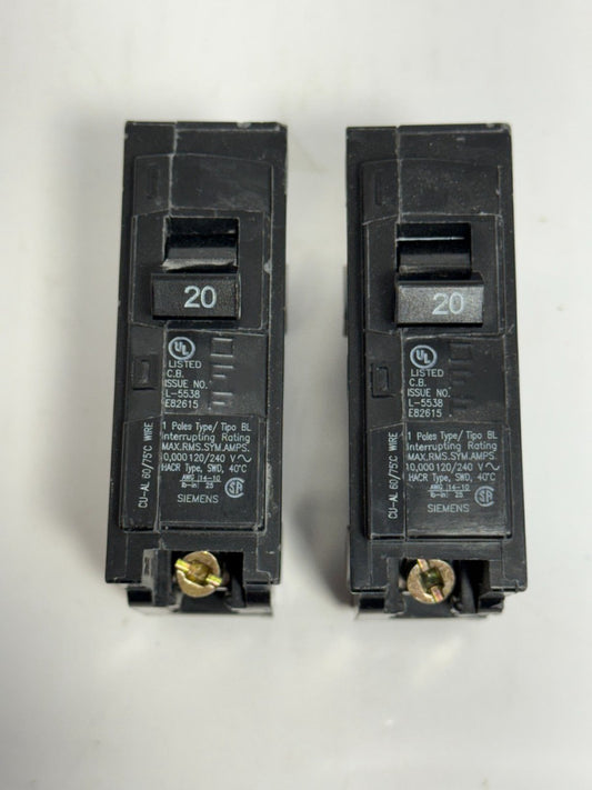 (Lot of 2) Siemens B120 20 Amp Single Pole Circuit Breaker