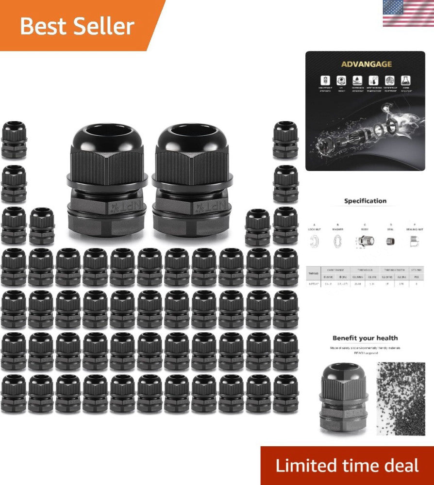 50pcs 3/4" NPT Cable Glands, Strain Relief IP68 Waterproof Nylon Cord Connect...