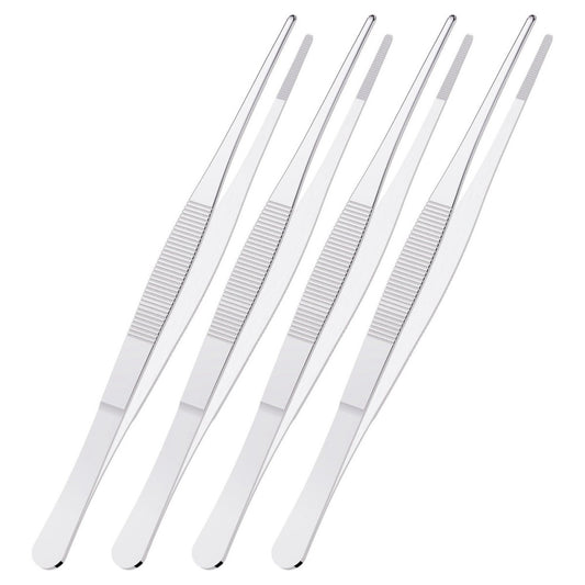 4 PCS 5 Inch Stainless Steel Tweezers, with Straight Round Blunt Serrated Tip...