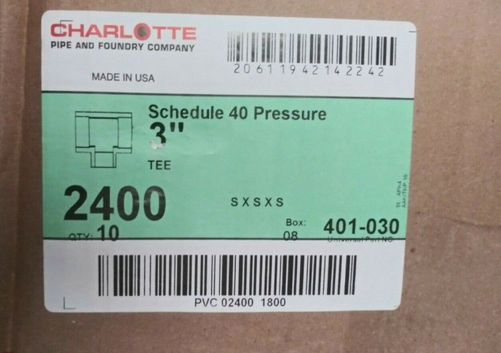 (1 BOX OF 10) NEW CHARLOTTE 2400 3" SXSXS PVC SCH 40 TEE 401-030