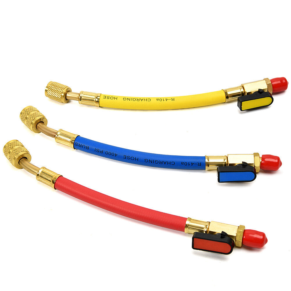3Pc Color Coded Hoses Valve Set For Refrigerant Charging Hose Air Condition HVAC