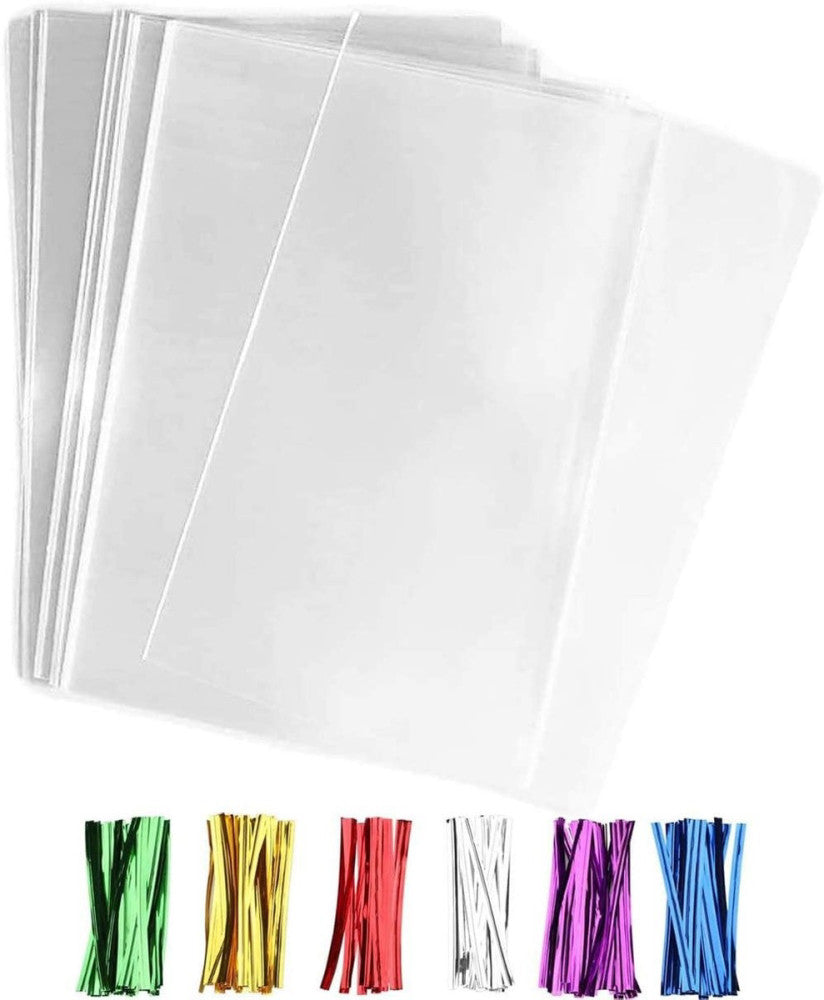 200 Pack 4x9 Inch Clear Cellophane Bags with Twist Ties for Candy Cookies