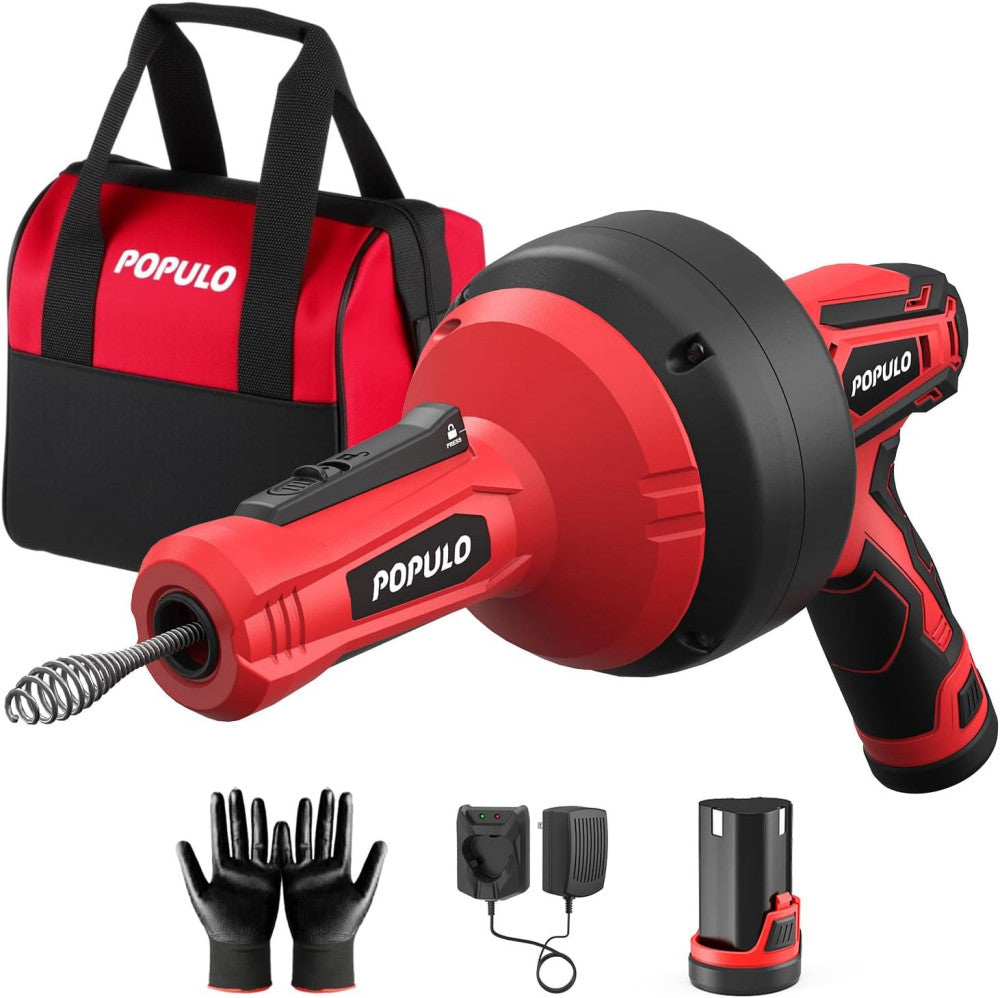 12V Cordless Drain Snake 17ft Auto-Feed Electric Auger Sink Shower Clog Remover