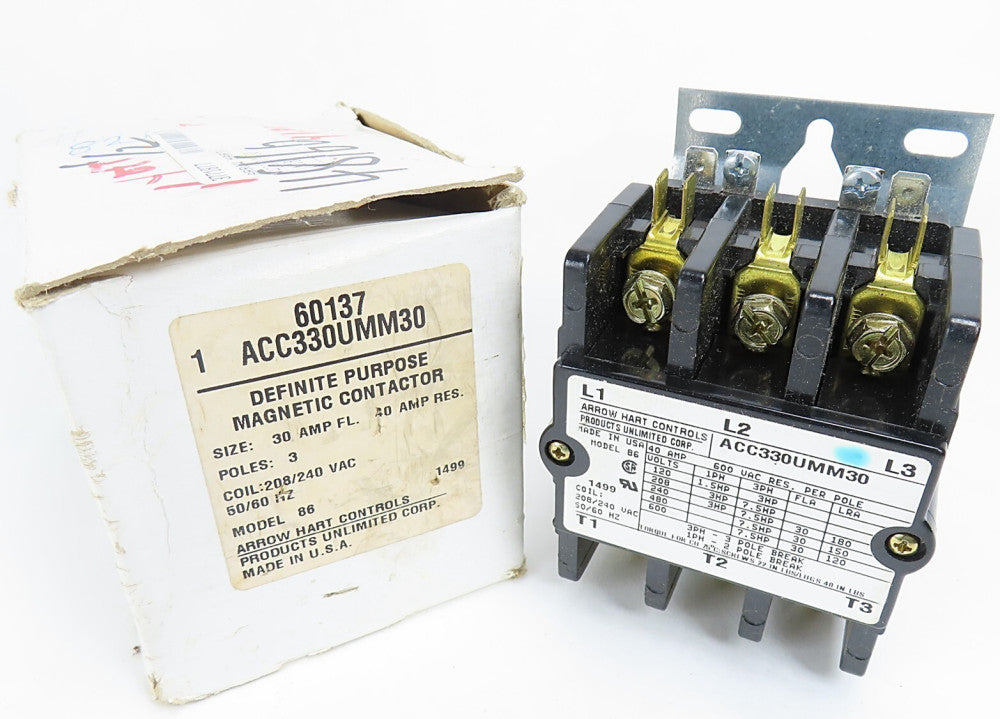 Arrow Hart ACC330UMM30 Model 86 Contactor Coil: 208-240V 3Ph 600VAC 30A FL. NIB