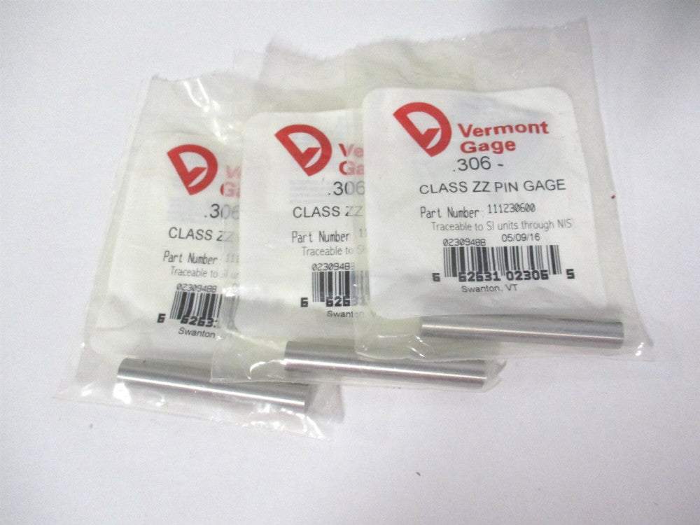 Vermont Gage (111230600) 0.306" Diam Class ZZ Minus Plug & Pin Gage - Lot of 3