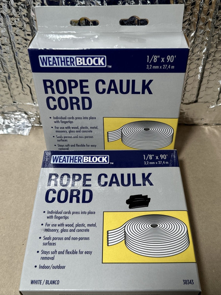 (Lot of 2) Weather Block Rope Caulk Cord 1/8" x 90' WHITE 38343