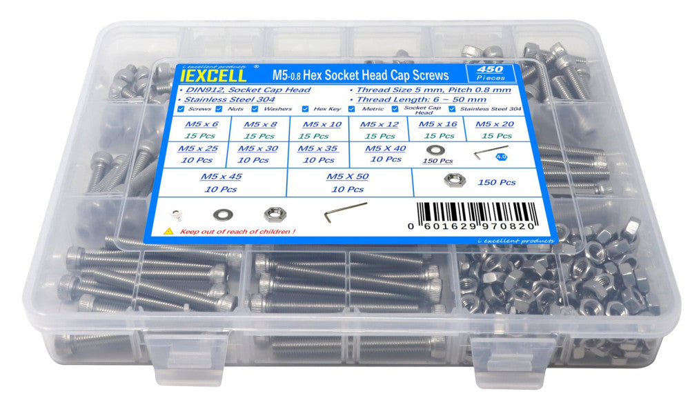 450 Pcs M5 x 6/8/10/12/16/20/25/30/35/40/45/50 Stainless Steel 304 Hex Socket...