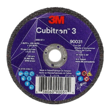 3M Cubitron 90031 Abrasive Cut-Off Wheel, Type 1, 3 In Dia, 0.035 In Thick, 3/8