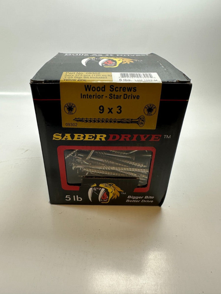 Saber Drive 09302 Wood Screws 9 x 3" Interior Star Drive T-25 BIT Included 373pc