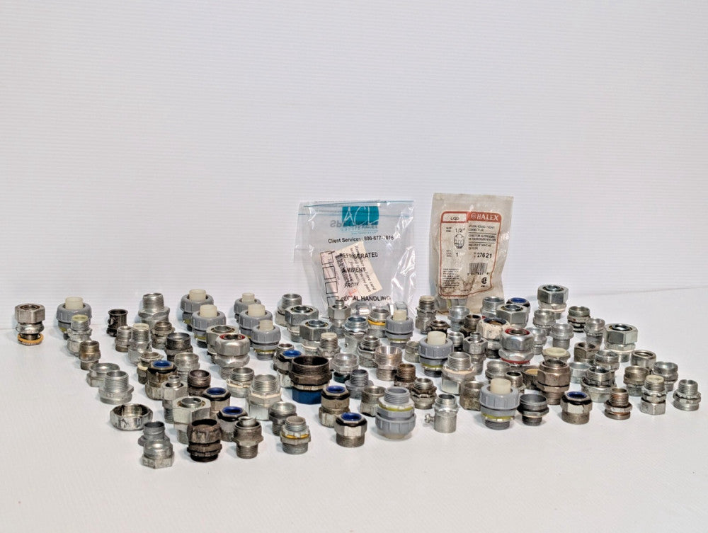 Lot of 60+ Assorted Industrial Conduit Connectors, Fittings, Halex, Raco, More