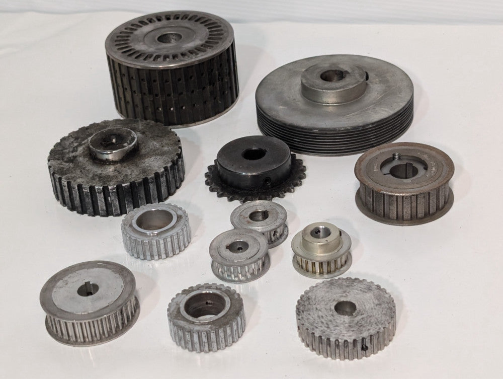 Lot of mixed pulleys, sprockets, sheaves, Bell & Howell Print Shop Mail Inserter