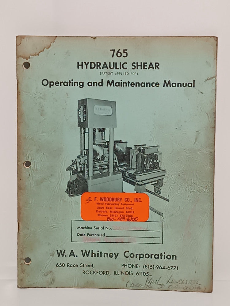 W.A. Whitney 765 Hydraulic Shear Operating and Maintenance Manual
