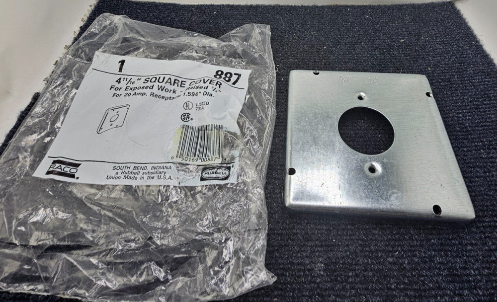 Hubbell Raco 887: 4-11/16" Square Cover Raised 1/2" for 20Amp Receptacle
