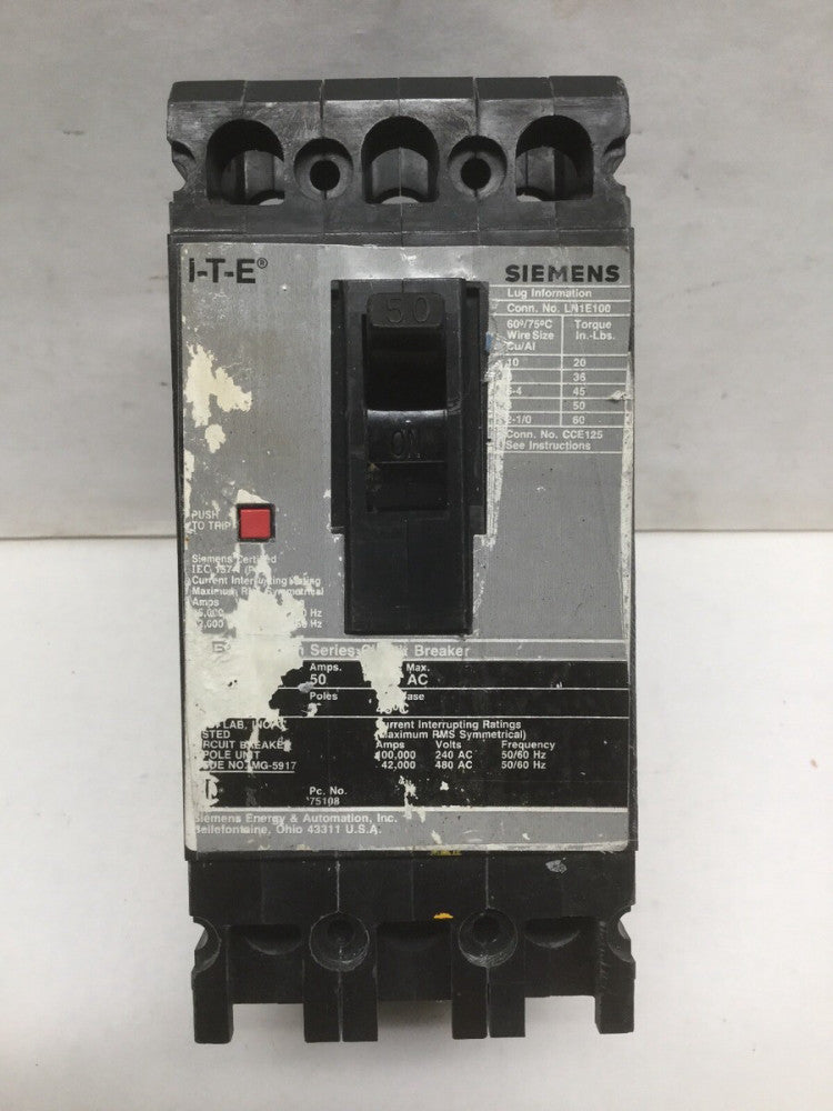 SIEMENS I-T-E 50 AMP 3 Pole Circuit Breaker Conn No LNE1E100