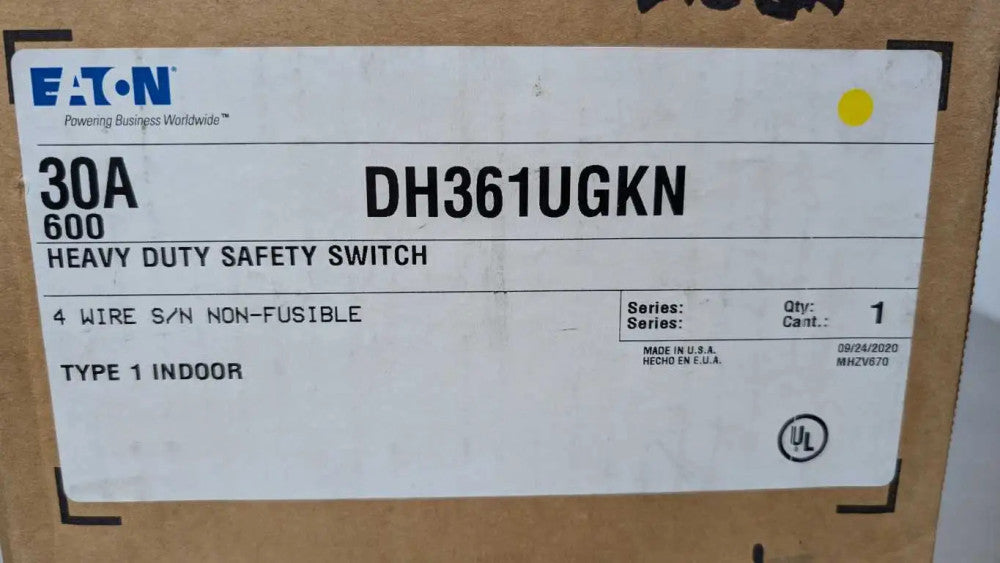 Eaton DH361UGKN Heavy Duty Safety Switch 30A 600VAC 250VDC 1 Indoor 4 Wire Non-F