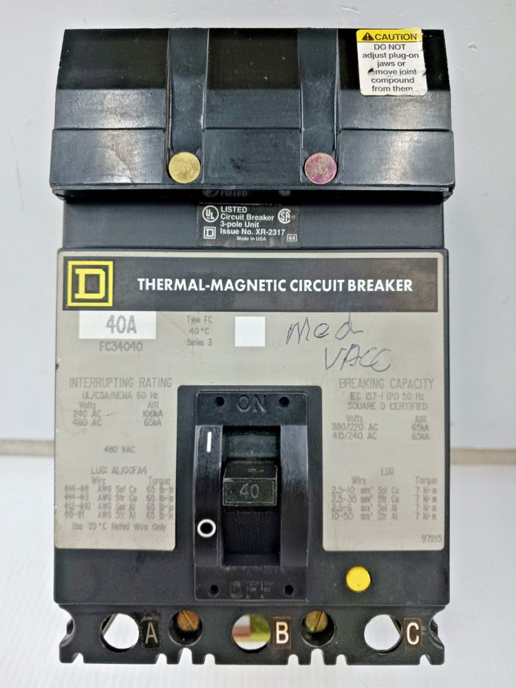 Square D 40 Amp I-Line Thermal-Magnetic Circuit Breaker 3P 480 VAC 65kA FC34040