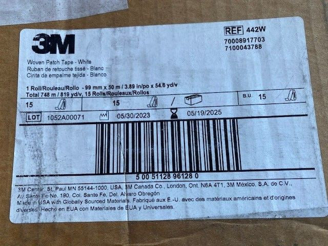 (15 PACK) 3M™ Woven Patch Tape 442W, White, 99 mm x 50 m, 442W